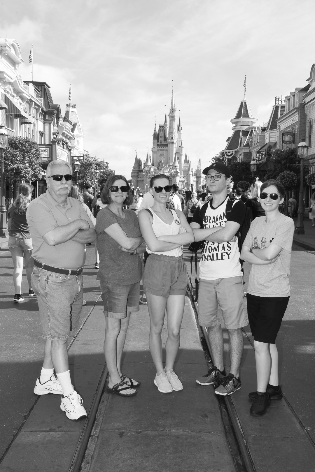 Magic Kingdom Trip Family Picture infront of Castle_B&W